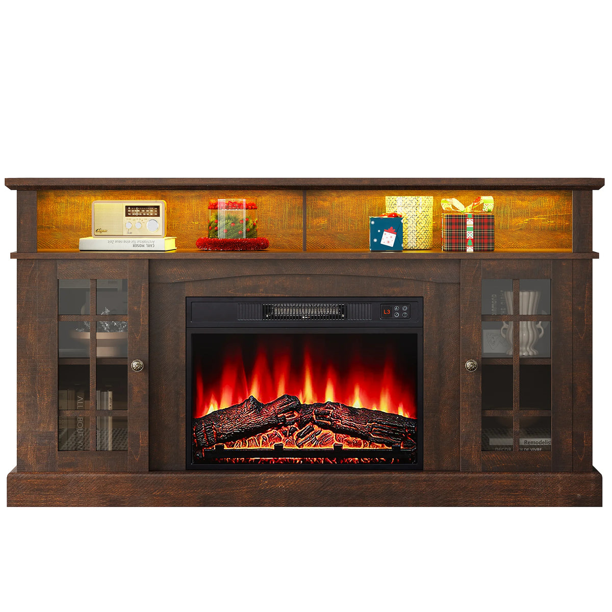 SESSLIFE Fireplace TV Stand for 65 Inch TV, TV Console with 23''Electric Fireplace, Console Entertainment Center Television Table for Living Room or Bedroom, Brown