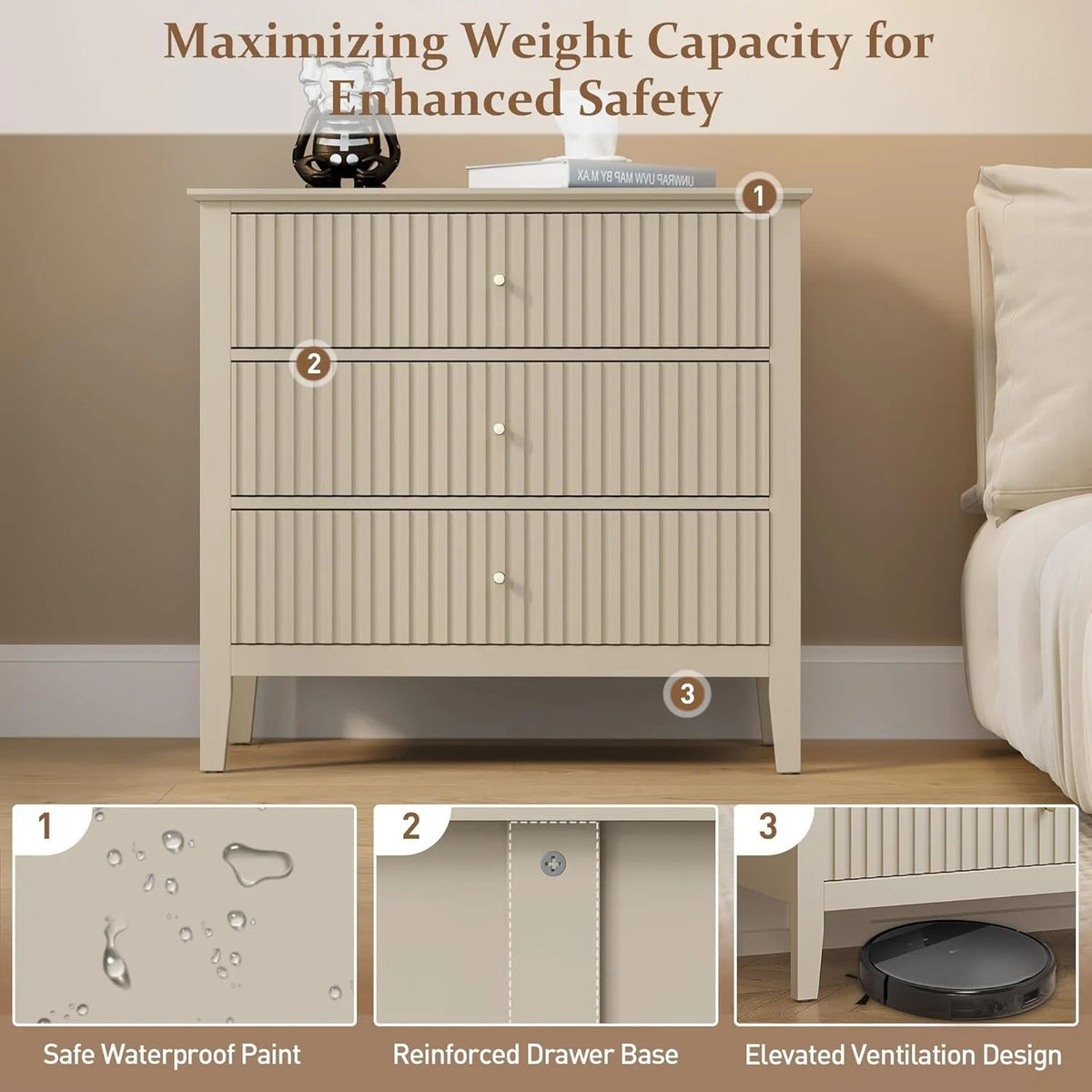 Heynemo Beige 6 Drawer Dresser, Fluted Modern Wood Chest