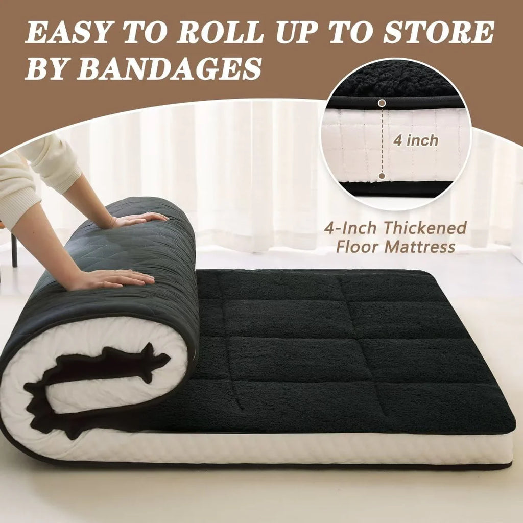 Docred Japanese Floor Mattress for Adults, kids-4" Thick Sherpa Fleece Futon Mattress for Floor, Extra Thick Folding Sleeping Pad Breathable Floor Bed Tatami Matolor