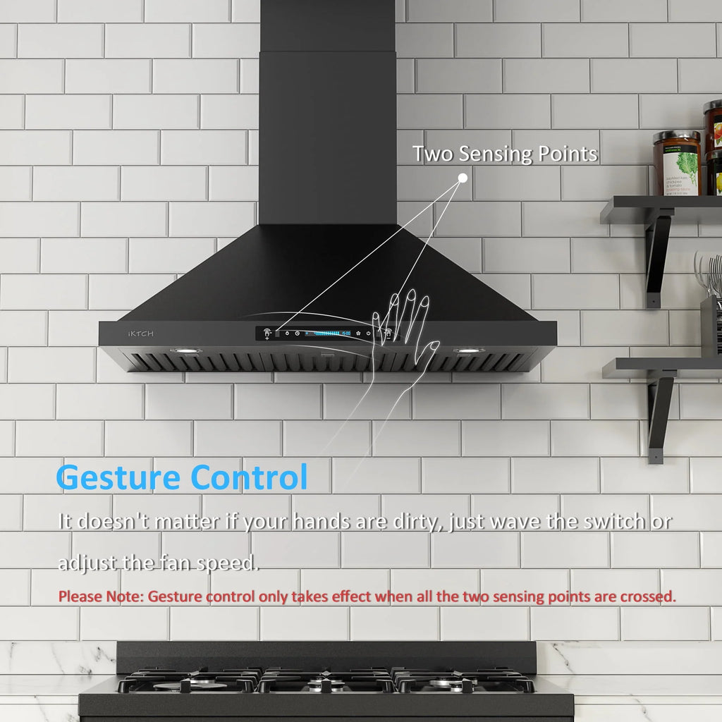 IKTCH 30 inch Black Wall Mount Range Hood, 900 CFM Ducted/Ductless Stainless Steel Vent Hood with Gesture Sensing & Touch Control Switch Panel, 2 Pcs Adjustable Lights(IKP02-30-BSS)