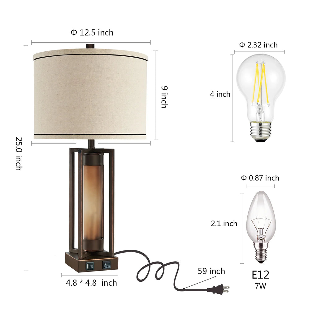 RORIA 24a?? Modern Living Room Table Lamp 2-Piece Set with 2 USB Charging Ports, Built-in White Frosted Glass with Night Light, Black Vintage Rustic Farmhouse Lamp for Bedroom Nightstand Lamps