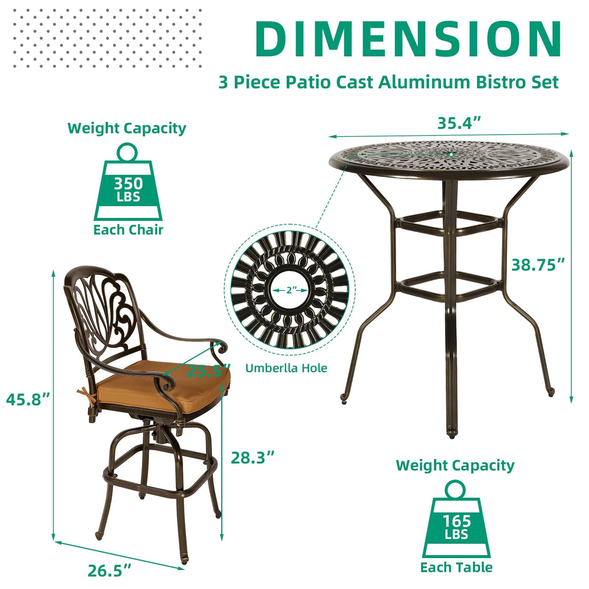 VIVIJASON 35.2" Patio Height Bar Table, All-Weather Cast Aluminum Bar Bistro Table Outdoor Patio Round Dining Table with Umbrella Hole for Balcony, Lawn, Garden, Backyard, Antique Bronze