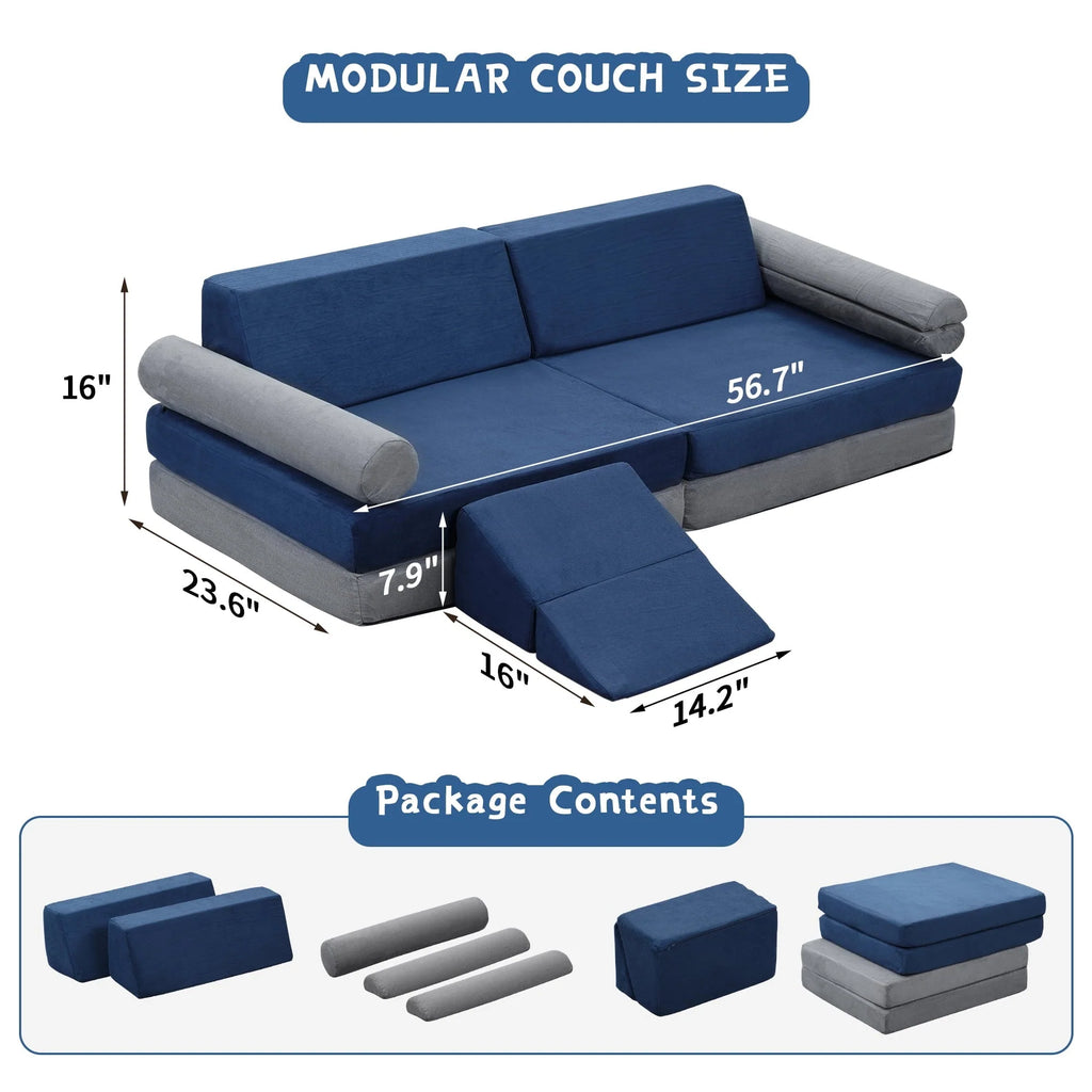 Ainfox Kids Couch, 10PCS Modular Fold Out Play Couch Sofa for Toddler Playroom & Bedroom, Soft Foam Kids Explorer Furniture Play Set with Washable Covers