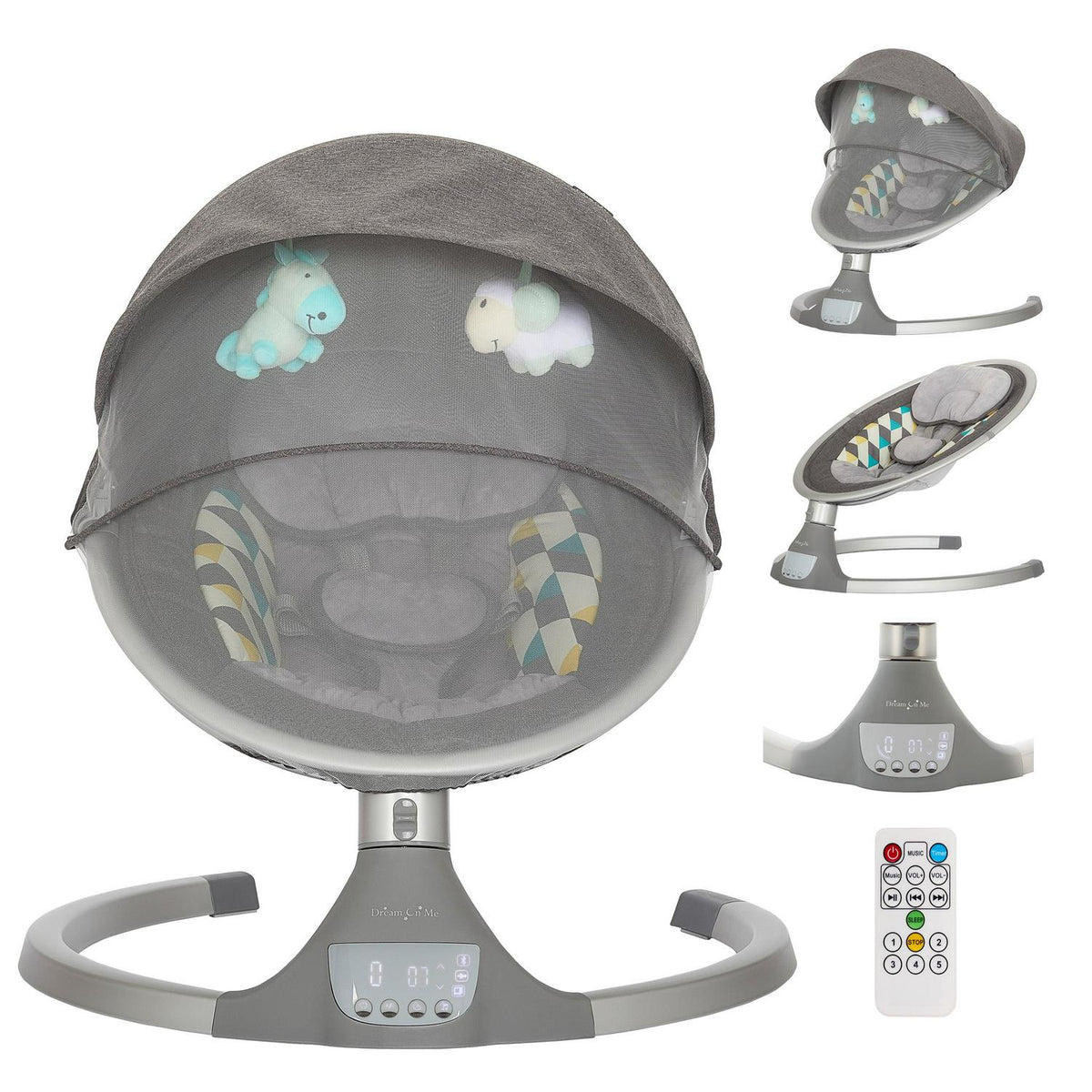 Dream On Me Zazu Baby Swing. Baby Swing for Infant. 5 - Swinging Speed. Two Attached Toys. Bluetooth Enabled and Remote Control. Grey and Blue