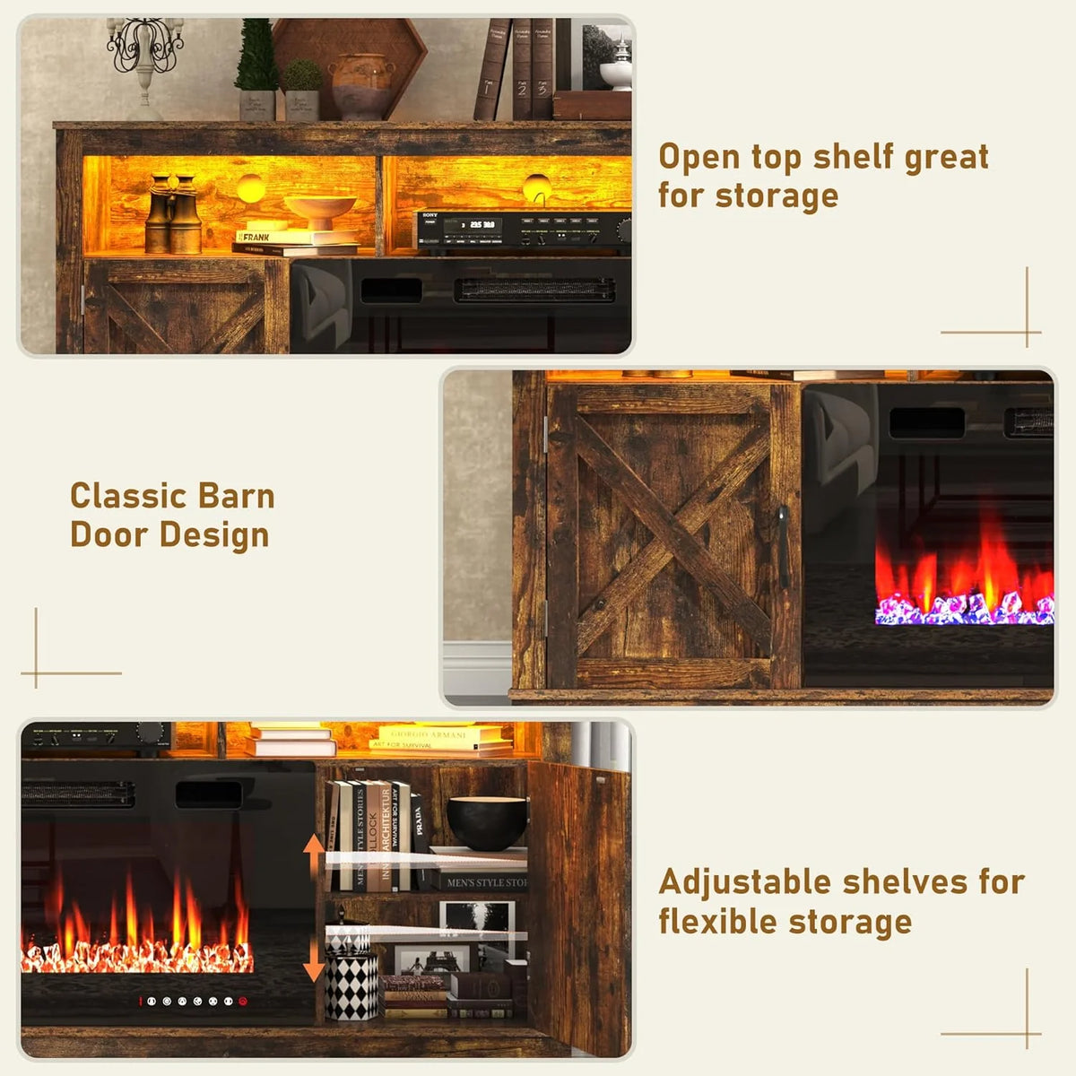ChVans 70" Fireplace TV Stand for TVs up to 80" with 36" Electric Fireplace, Farmhouse Entertainment Center with LED, Wooden Media Console for Living Room, Bedroom