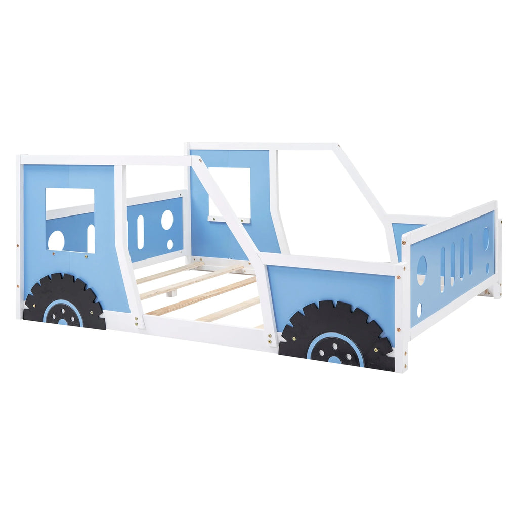 Euroco Car-Shaped Full Size Wood Platform Bed for Kids�� Bedroom, Solid Car Bed for Kids Gift, Low Profile, Blue