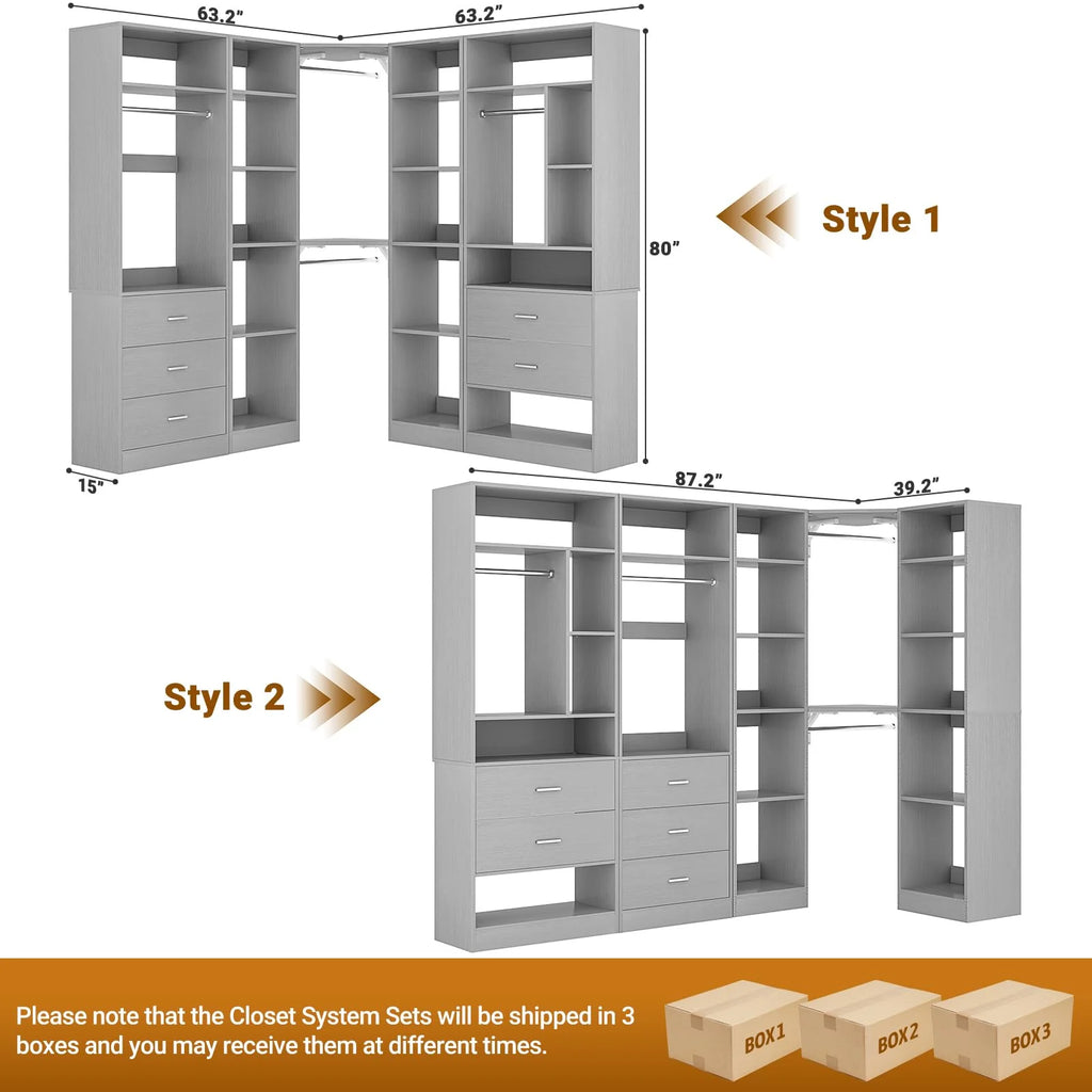 Homieasy Freestanding Closet System with 3 Sets, 87.2" Closet Organizer System with 5 Drawers & 4 Hanging Rods, Reversible L Shaped Walk-in Closets, Black