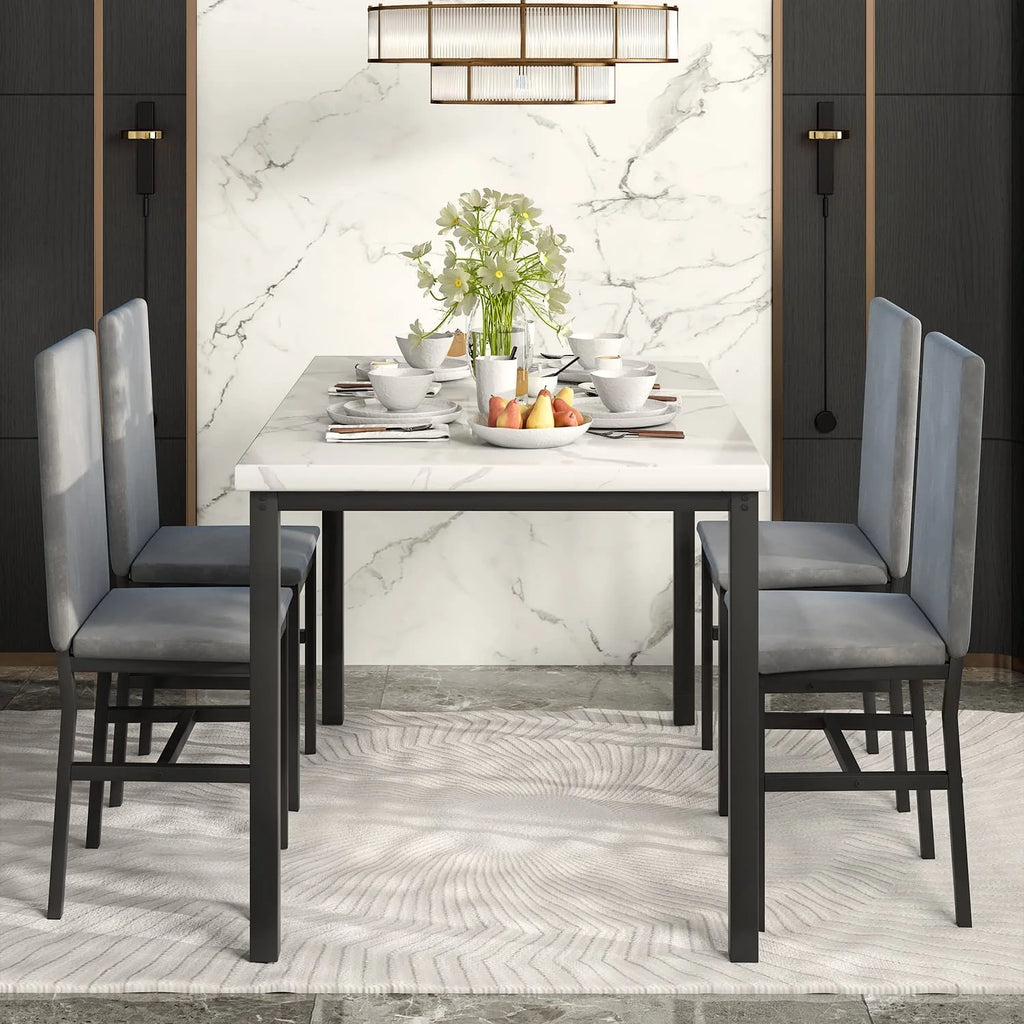 5 Piece Dining Set, Modern Dining Table and Chairs Set for 4, Counter Height Bar Table Set, Modern Pub Table with 4 Velvet Fabric Cushioned Stools, Faux Marble Dining Table & Stools Set, D9297