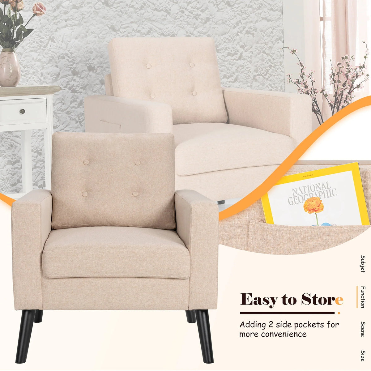 Costway Set of 2 Accent Armchairs Upholstered Single Sofa Chairs w/ 2-Side Pockets Beige