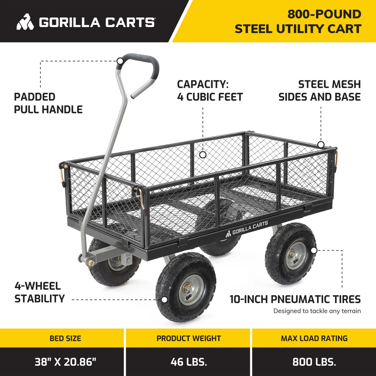Gorilla Carts Steel Utility Cart with Removable Side Panels, 800 lb Capacity, Black