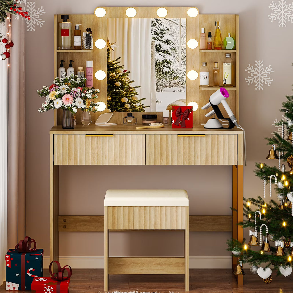 Ktaxon Lighted Makeup Vanity, White Vanity Table Set with 2 Drawer and Charging Station, Femal Gift