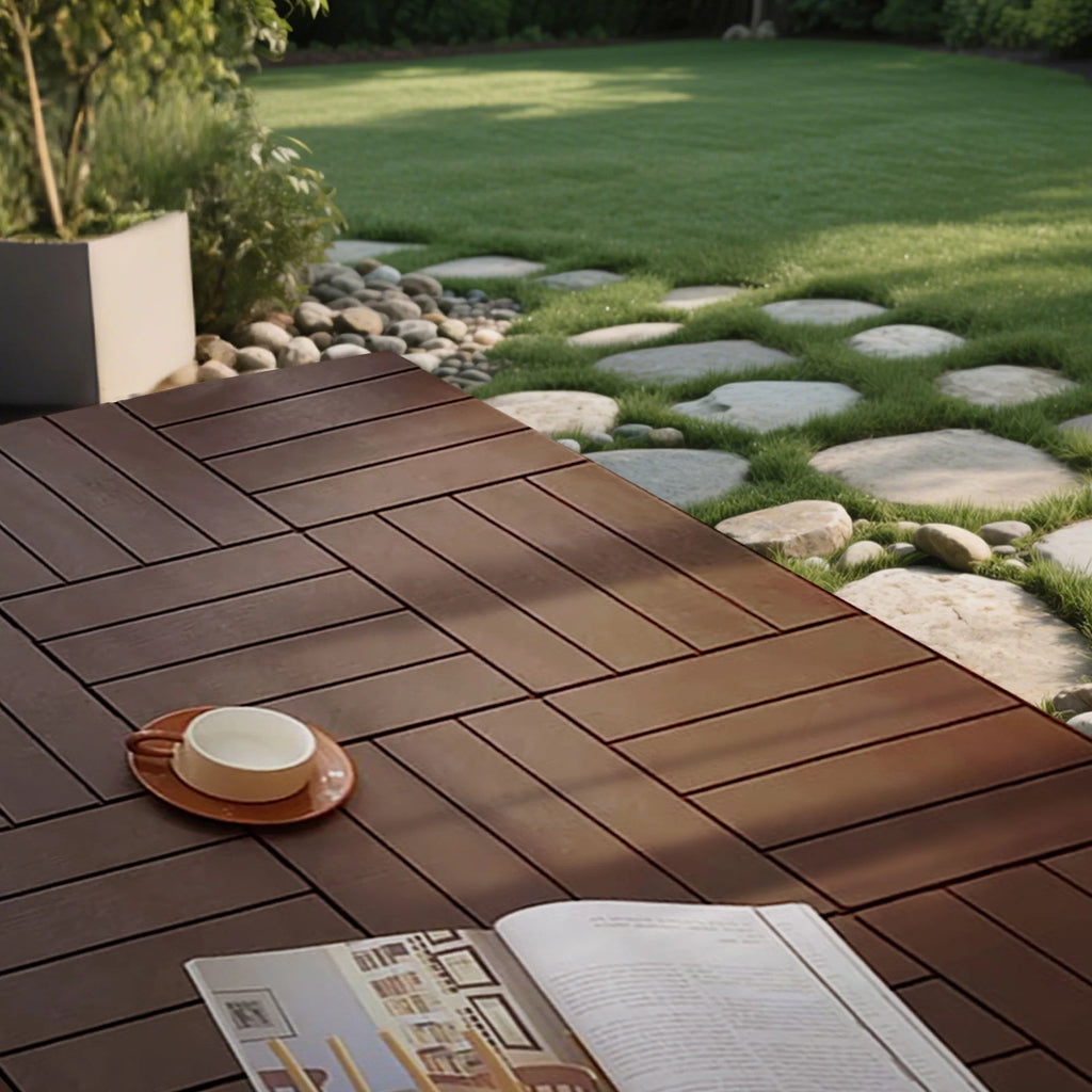 76 Pack Interlocking Deck Tiles, 11.42"x11.42", Polypropylene, Waterproof Outdoor Flooring, 3D Wood Grain Plastic, for Patio, Balcony, Backyard
