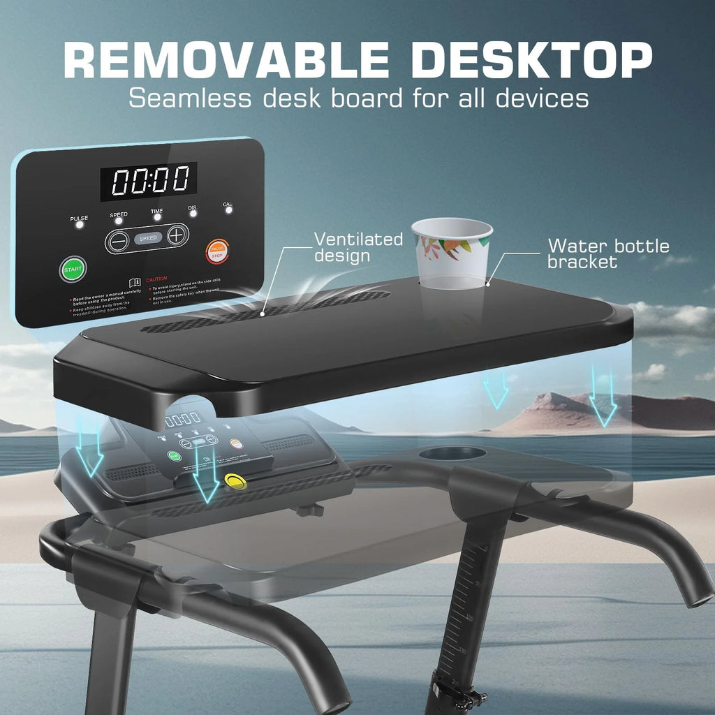 Folding Treadmill with Removable Desk, Foldable Treadmill with Adjustable Height, Treadmill 300lb Weight Capacity, White