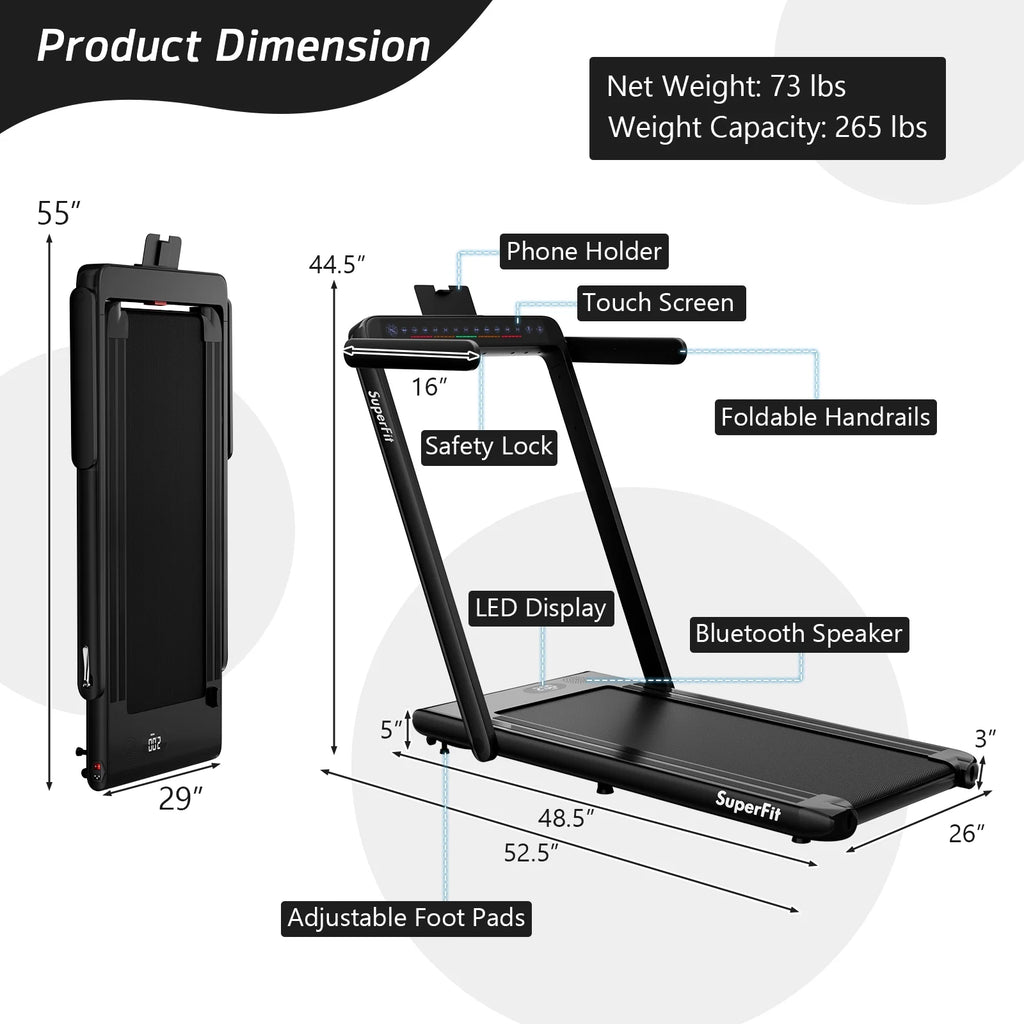 SuperFit Up To 7.5MPH 2.25HP 2 in 1 Dual Display Screen Treadmill Jogging Machine W/APP Control Silver