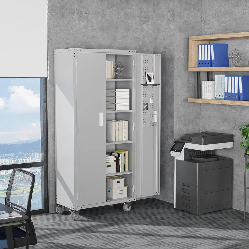 Ktaxon 72''H Garage Storage Cabinet with Pegboards, Metal Storage Cabinet with Wheels, Locking Doors and Adjustable Shelves, Black