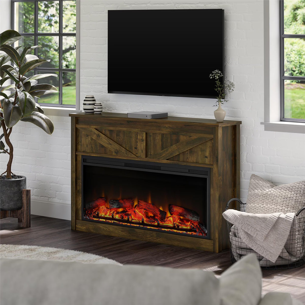 Farmington Wide Modern Farmhouse Mantel with Electric Fireplace, Rustic