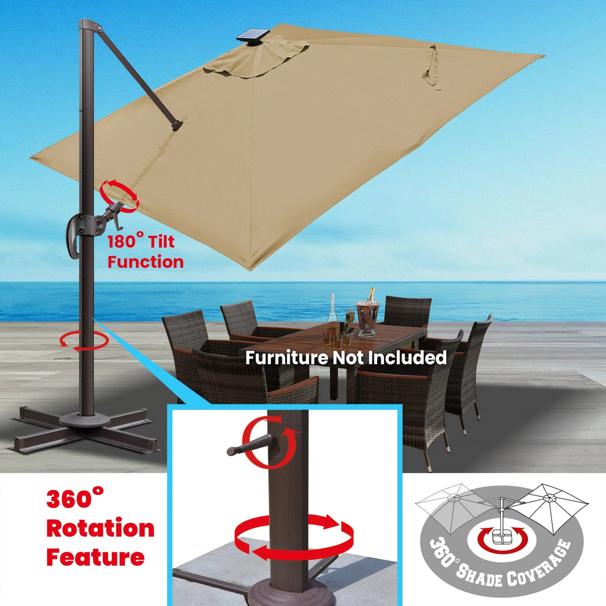 SUNRISEUMBRELLA Square 10'x10' Deluxe Roma square cantilever umbrella, With LED light(Heather Beige)