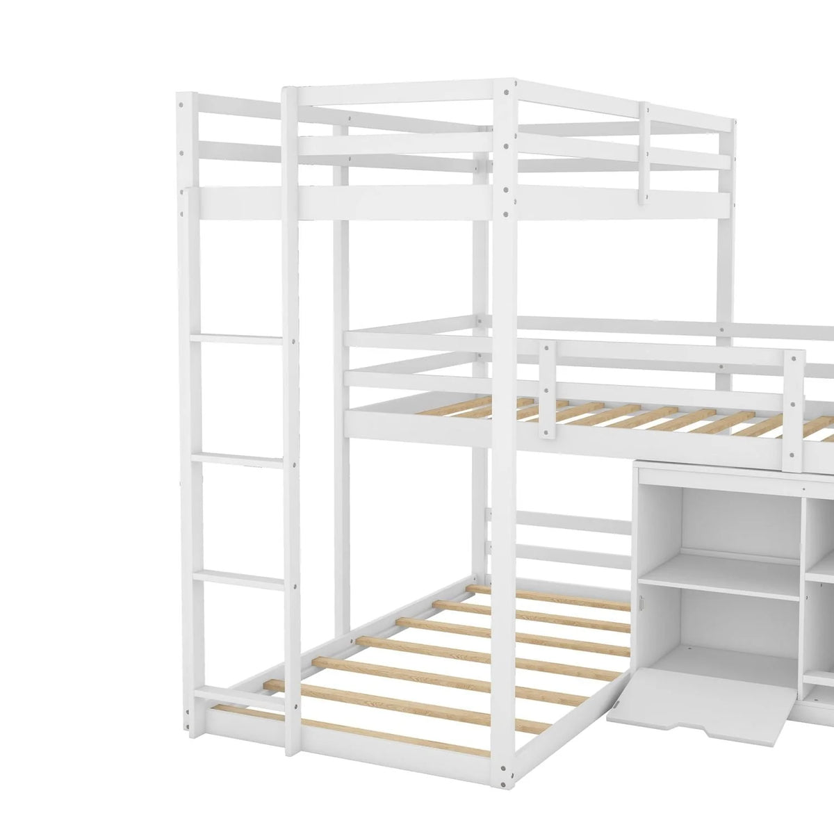 Triple Bunk Beds, L-Shaped Triple Beds with Storage Cabinet & Blackboard, Solid Wood Bunk Beds Frame with Full-length Guardrails & Built-in Ladder for Kids, Teens, 3 Beds in 1, Twin/Twin/Twin, White