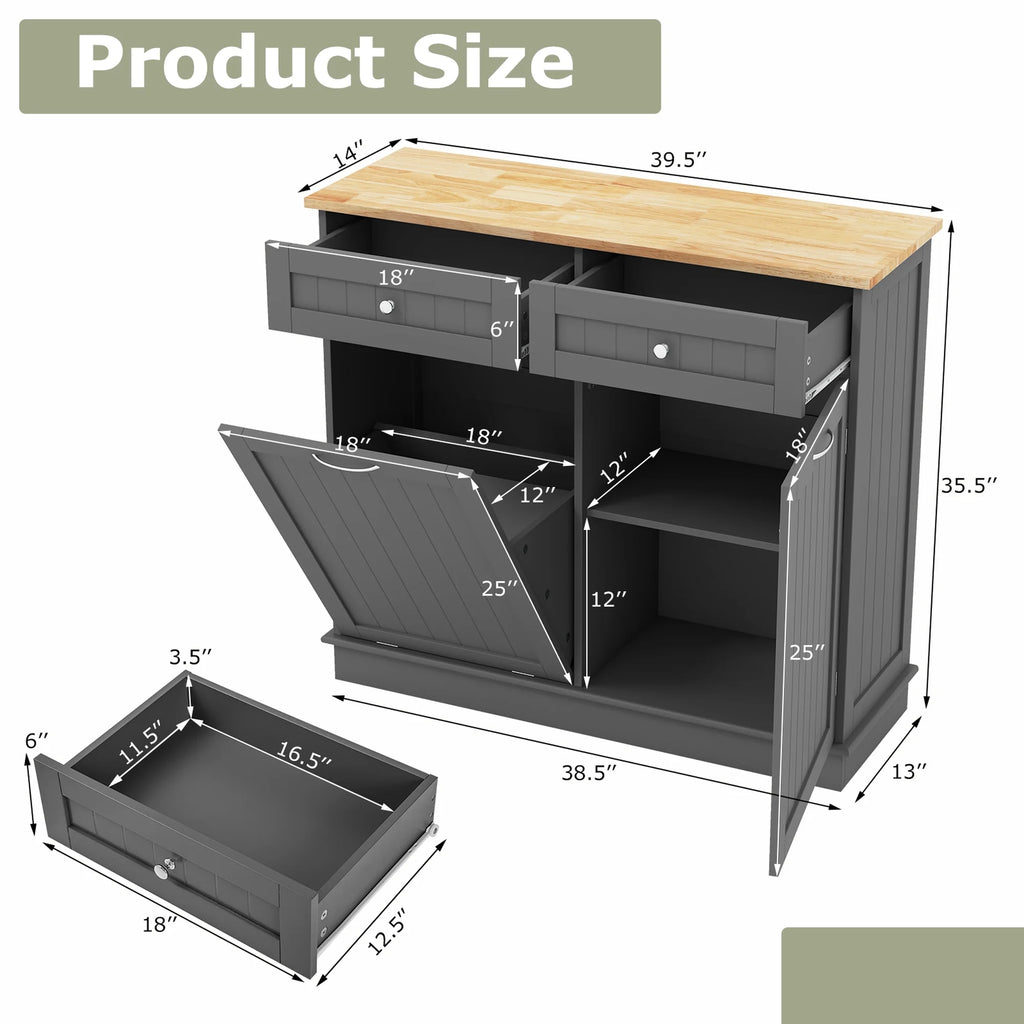 Costway 15.5 Gallon Kitchen Tilt Out Trash Cabinet Rubber Wood Tabletop 2 Drawers Shelf Gray
