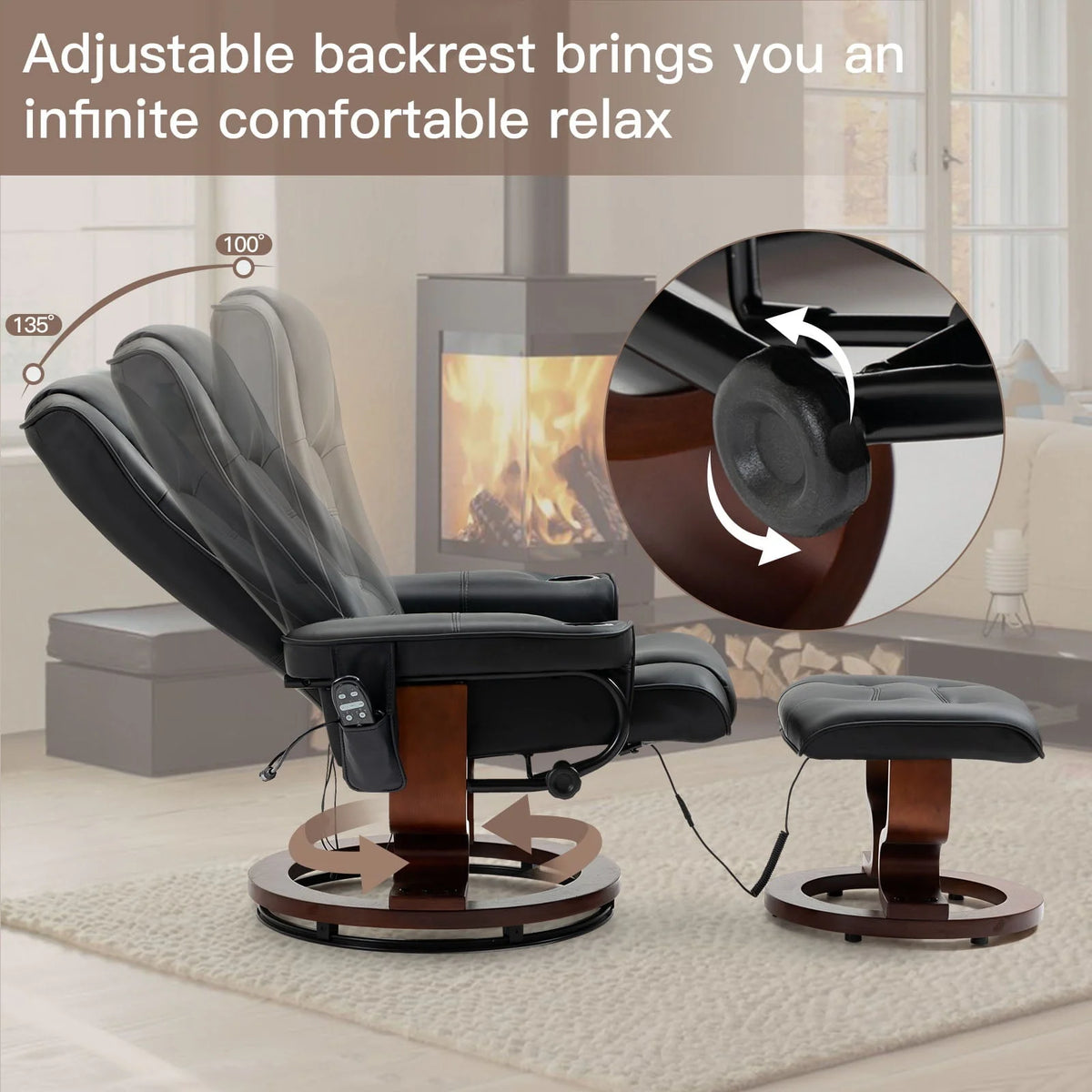 AVAWING Recliner Chair - Vibration Massage, Faux Leather, Ottoman, Swivel - Black