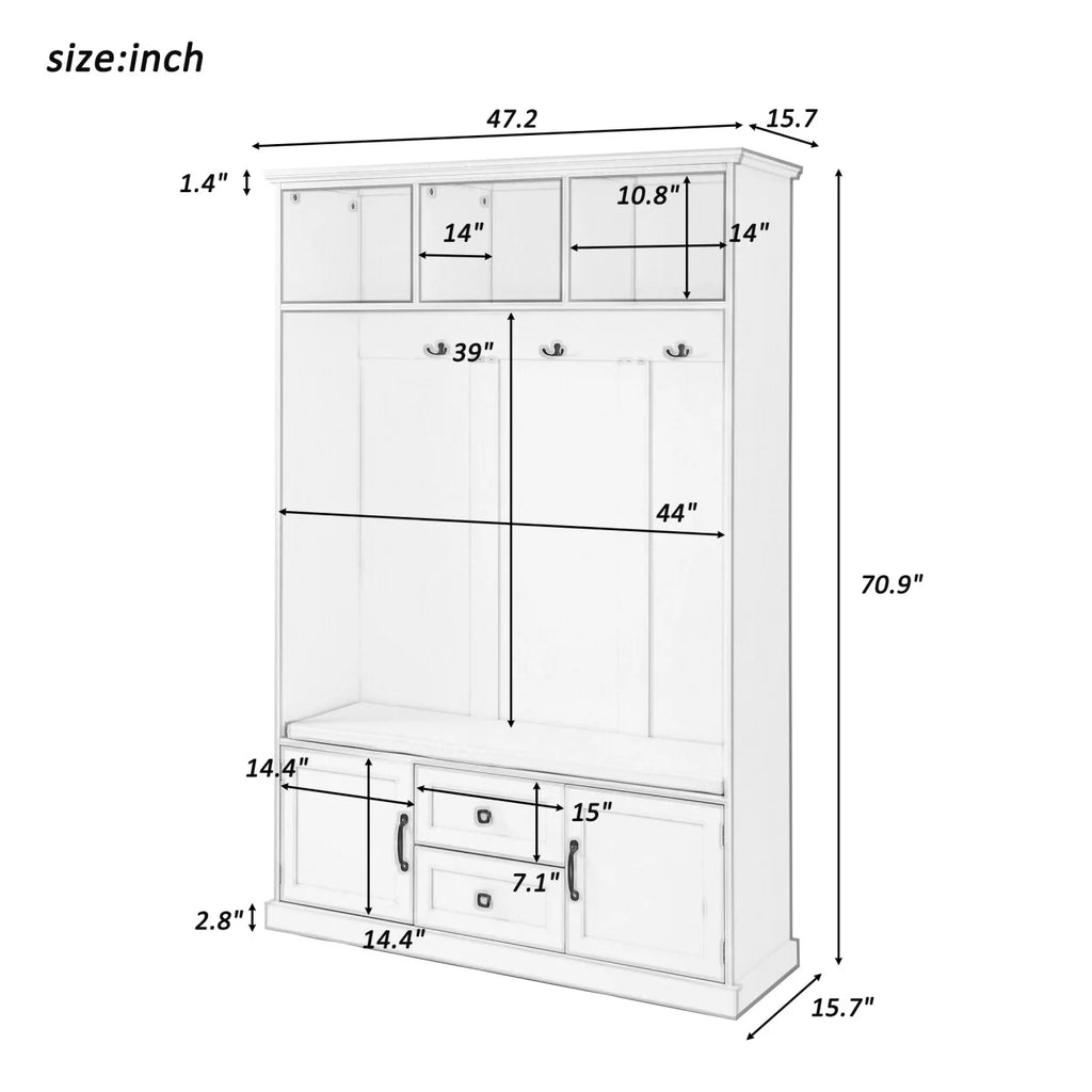 Triple Tree 3-in-1 Modern Wooden Tiger Entryway Bench Storage Cabinet Hall Tree