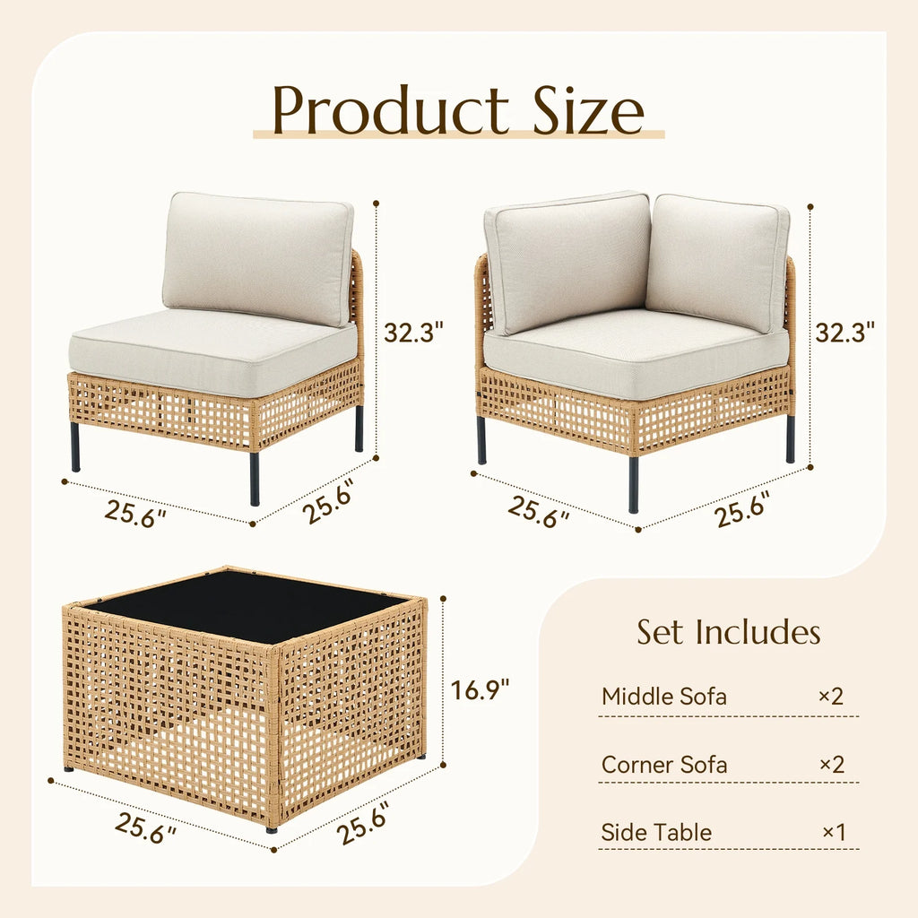 Swpormundo 6 Piece Wicker Patio Furniture Set,Outdoor Conversation Sectional Sofa w/Coffee Table,All-Weather Outdoor Sofa with Thick Cushions for Deck,Poolside,Garden,Beige