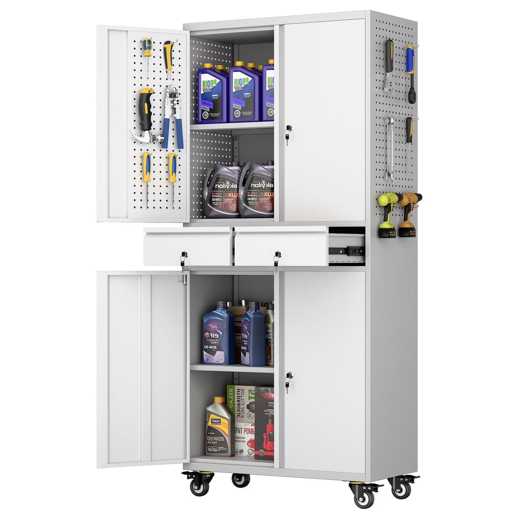 SUPEER 71" Metal Storage Cabinets with Wheels and Pegboards, Industrial Cabinet with 2 Drawers and 2 Adjustable Shelves,, Assembly Required