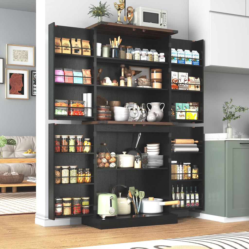 71" Tall Farmhouse Kitchen Pantry with 12 Side Shelves & Adjustable Shelves, 5 Layers Pantry Storage Cabinet w/Load-Bearing Steel Pipe & 4 Barn Doors for Kitchen, Dining Room, Living Room, Brown