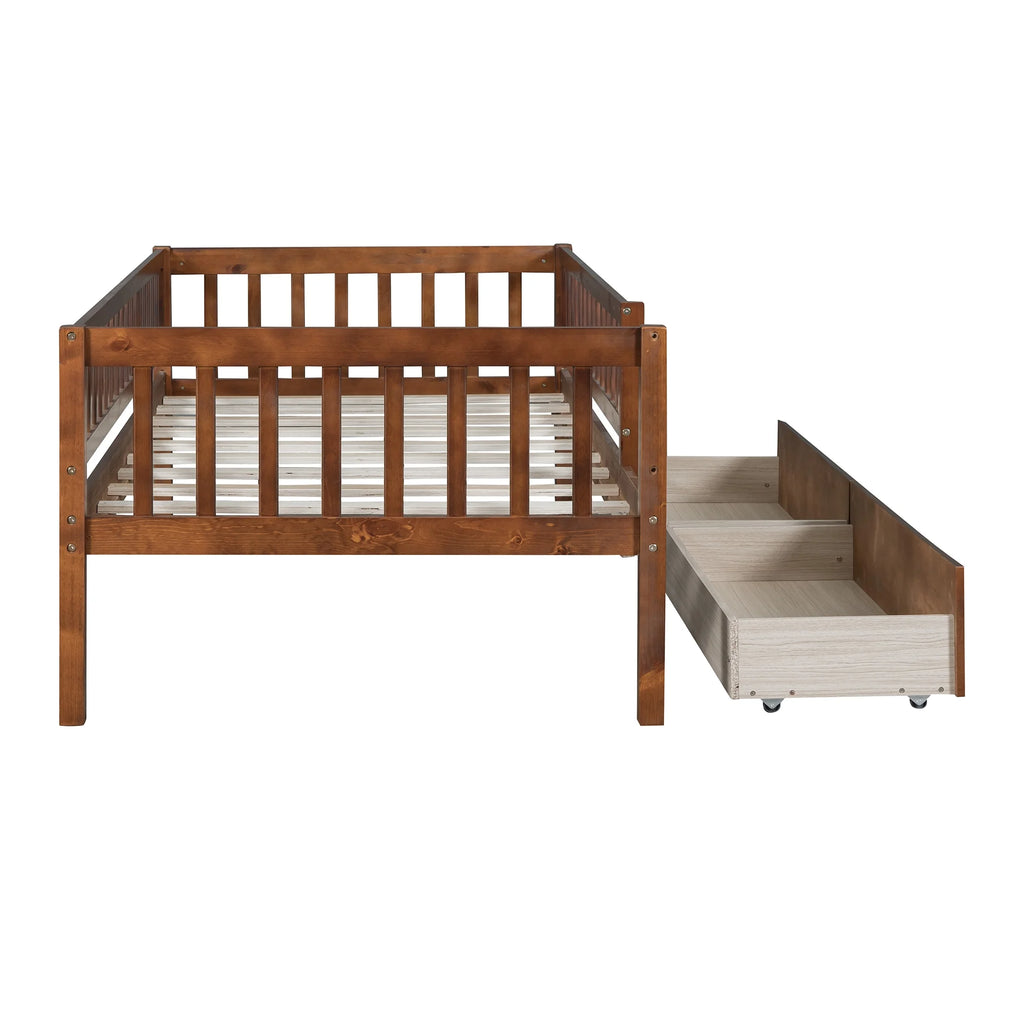 Holaki Twin Size Wood Bed with Guardrails and 2 Storage Drawers for Kids, Gray