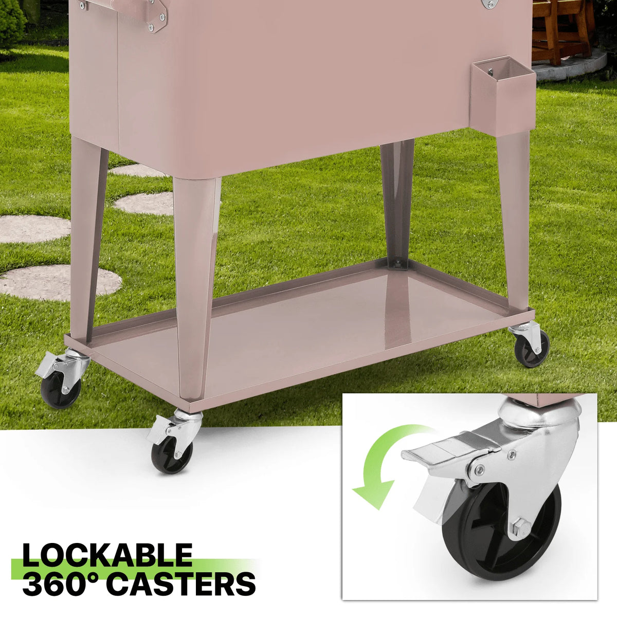 Magshion 80 Quart Rolling Cooler Ice Chest, Portable Bar Cold Drink Beverage Cart Tub, Backyard Cooler Trolley on Wheels with Ice Scoop, Catch Tray & Bottle Opener, Pink