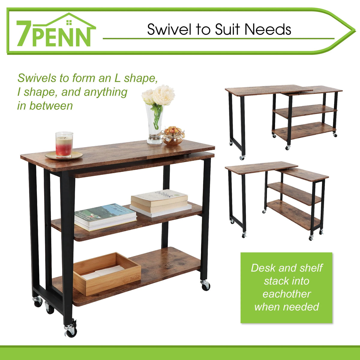 7Penn Side Couch Table Tray with Wheels - Rotating Sofa Side Table Swivel Desk