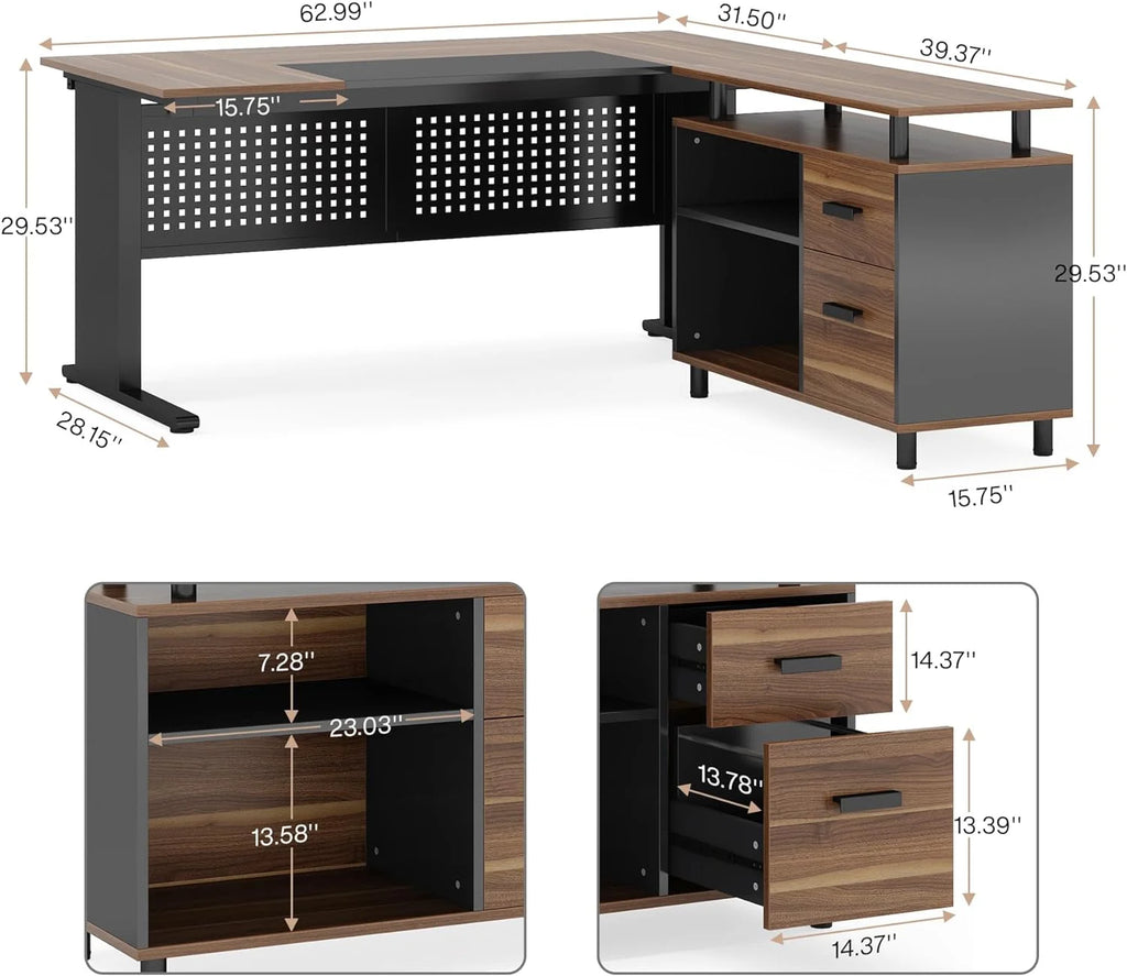 Tribesigns 63 Inch Executive Desk with File Cabinet, Large Office Desk L Shaped Computer Desk with Drawers and Storage Shelves, Business Furniture Desk Workstation for Home Office, Brown and Black