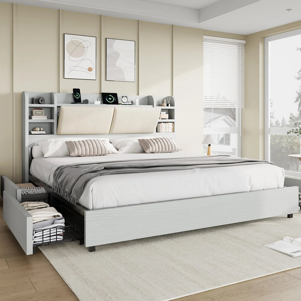 PLAUIN King Size Bed Frame with Storage Drawers, 47.2" Headboard and Wooden Platform, Grey