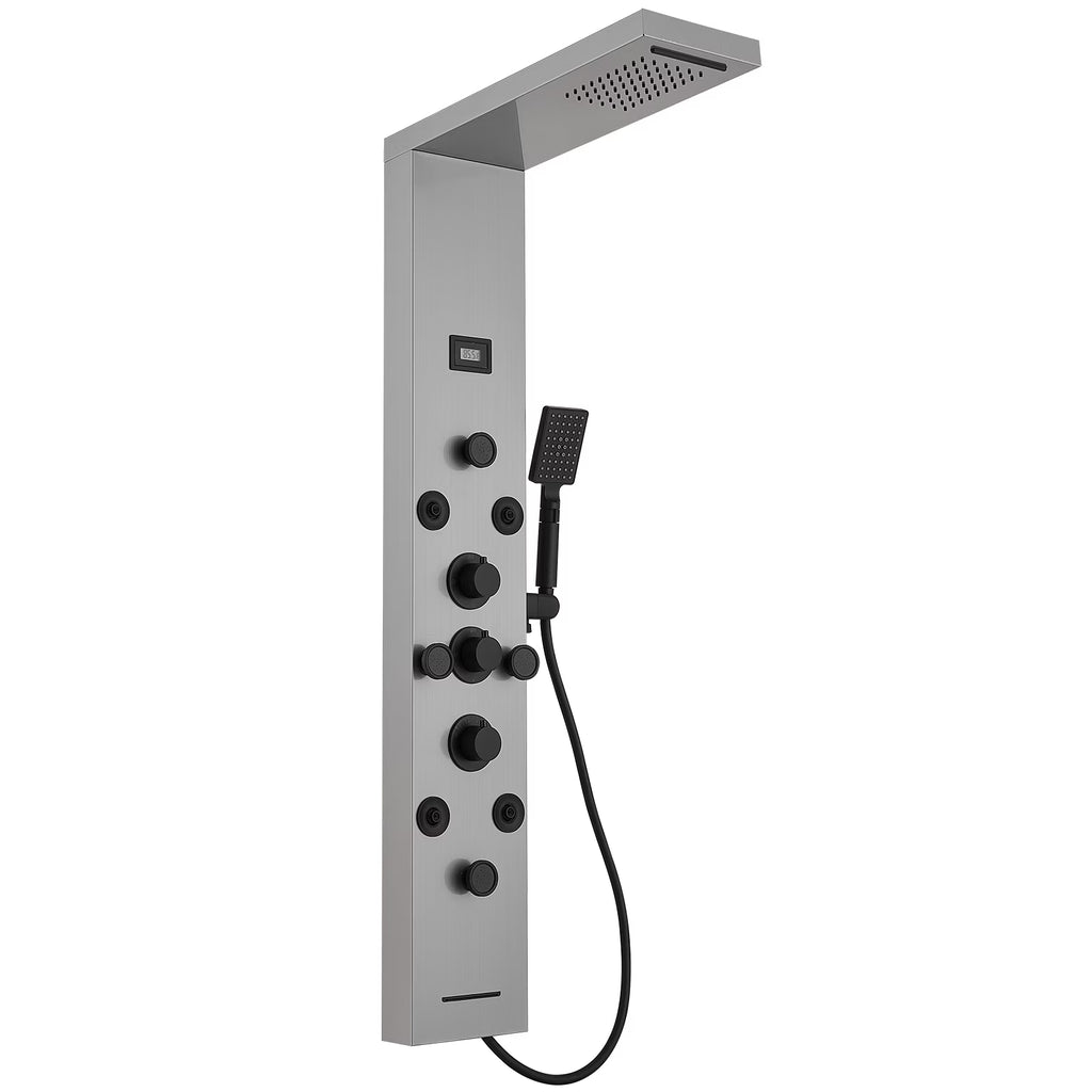 8-Jet Rainfall Shower Panel System with Rainfall Waterfall Shower Head and Shower Wand in chrome Nickel