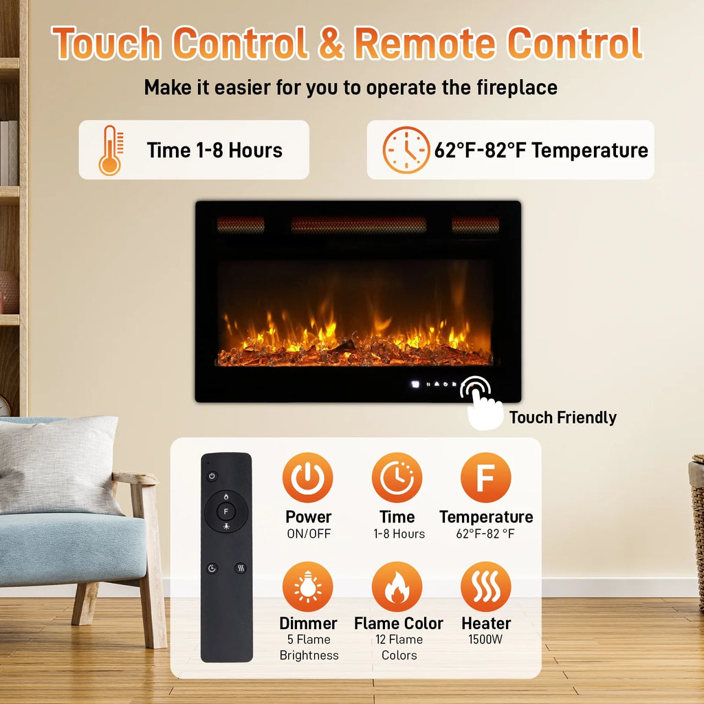 Ktaxon 30" Electric Fireplace, Freestanding/Inserts/Wall Mounted Fireplace Heater with Remote Control, 12 Adjustable Flame Colors, Log & Crystal, 8H Timer for Living Room, Bedroom