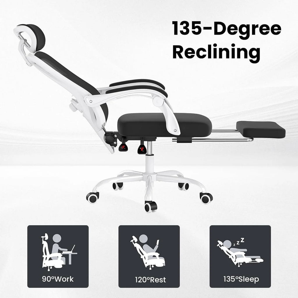 STARY Ergonomic Office Chair with Footrest, High Back Mesh Desk Chair with Adjustable Headrest & Lumbar Support, Comfortable Computer Chair for Home Office Study, White & Beige
