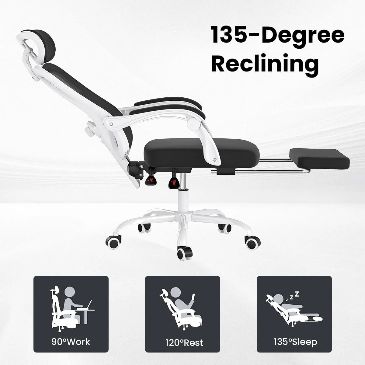 STARY Ergonomic Office Chair with Footrest, High Back Mesh Desk Chair with Adjustable Headrest & Lumbar Support, Comfortable Computer Chair for Home Office Study, White & Beige