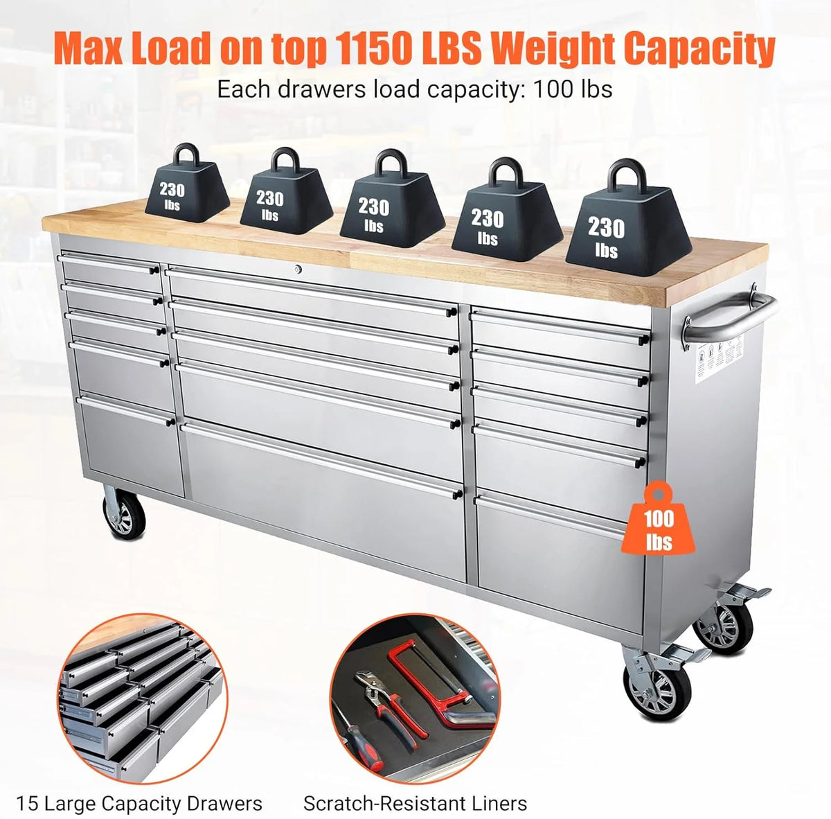 Kojooin 72-Inch Rolling Tool Cabinet, Large Rolling Tool Chest with 15-Drawer and Mobile Workbench, Heavy Duty Steel Storage Cabinet with Locking System for Warehouse, Garage, Basement