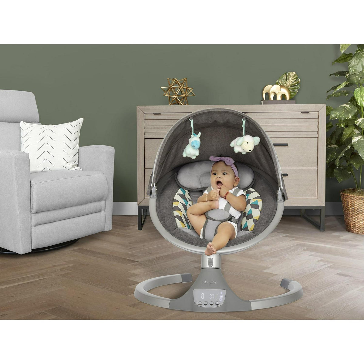 Dream On Me Zazu Baby Swing. Baby Swing for Infant. 5 - Swinging Speed. Two Attached Toys. Bluetooth Enabled and Remote Control. Grey and Blue