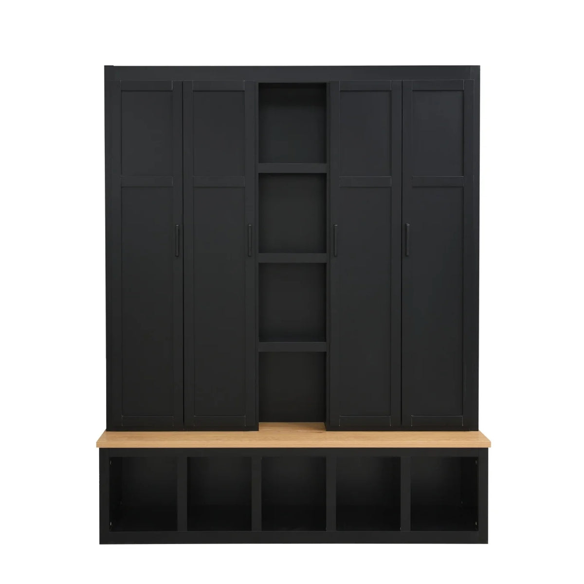 63" Farmhouse Hall Tree with Bench and Shoe Storage, 4-in-1 Entryway Bench with 4 Storage Cabinets, 5 Shoe Cabinets and 6 Hanging Hooks, Black