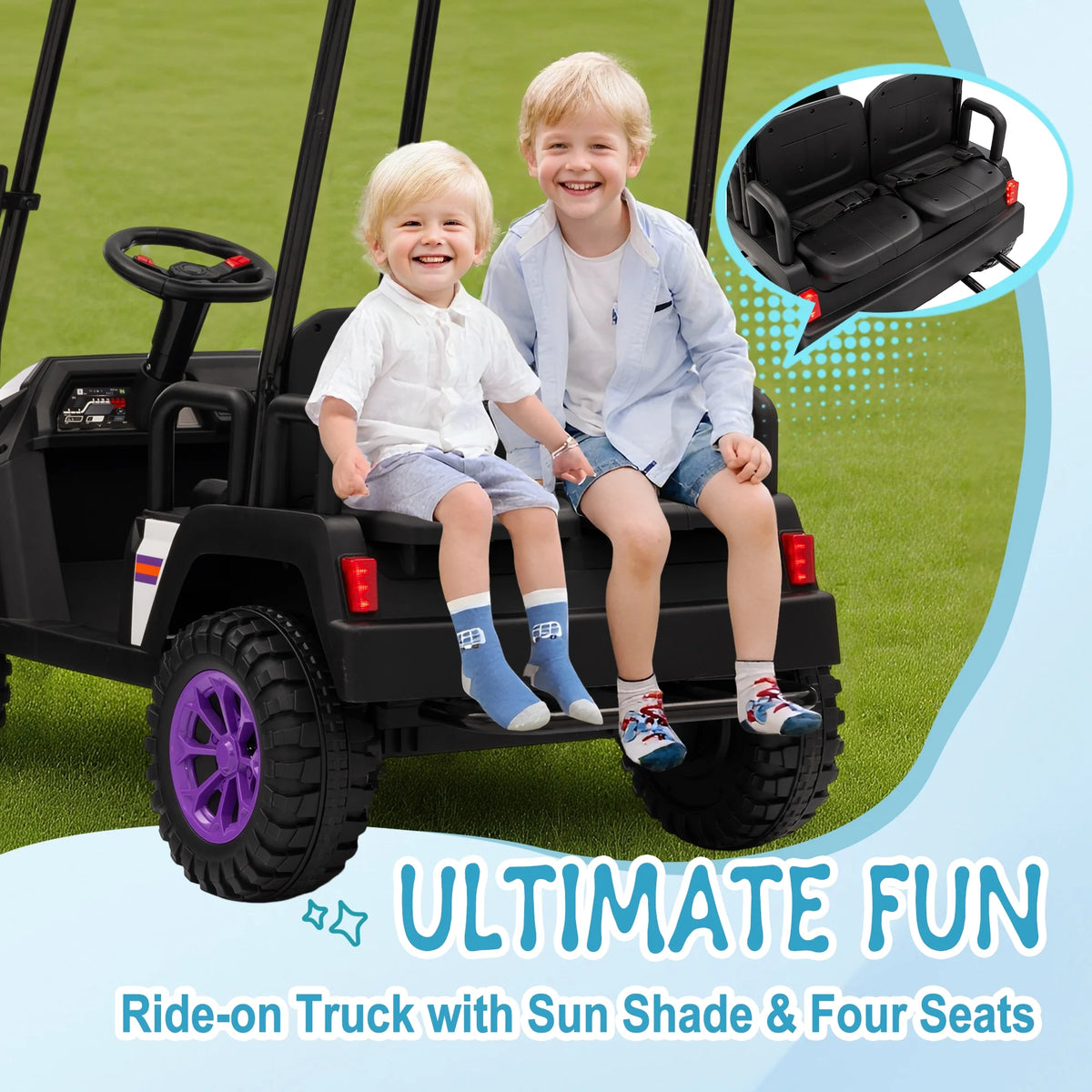 24V XL Kids Ride on Golf Cart, Electric Car w/Remote Control, Detachable Awning, 4 Seats, 3 Speeds, LED Lights, Spring Suspension, Bluetooth, Audio, Blue