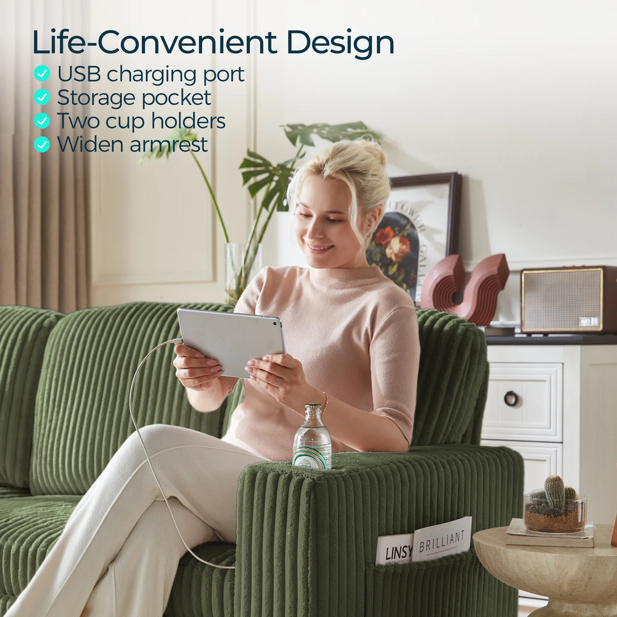 Linsy Home Plush Corduroy Pull Out Couch Chaise Lounge, Convertible Loveseat Sofa Couch With Usb & Cup Holder, Green
