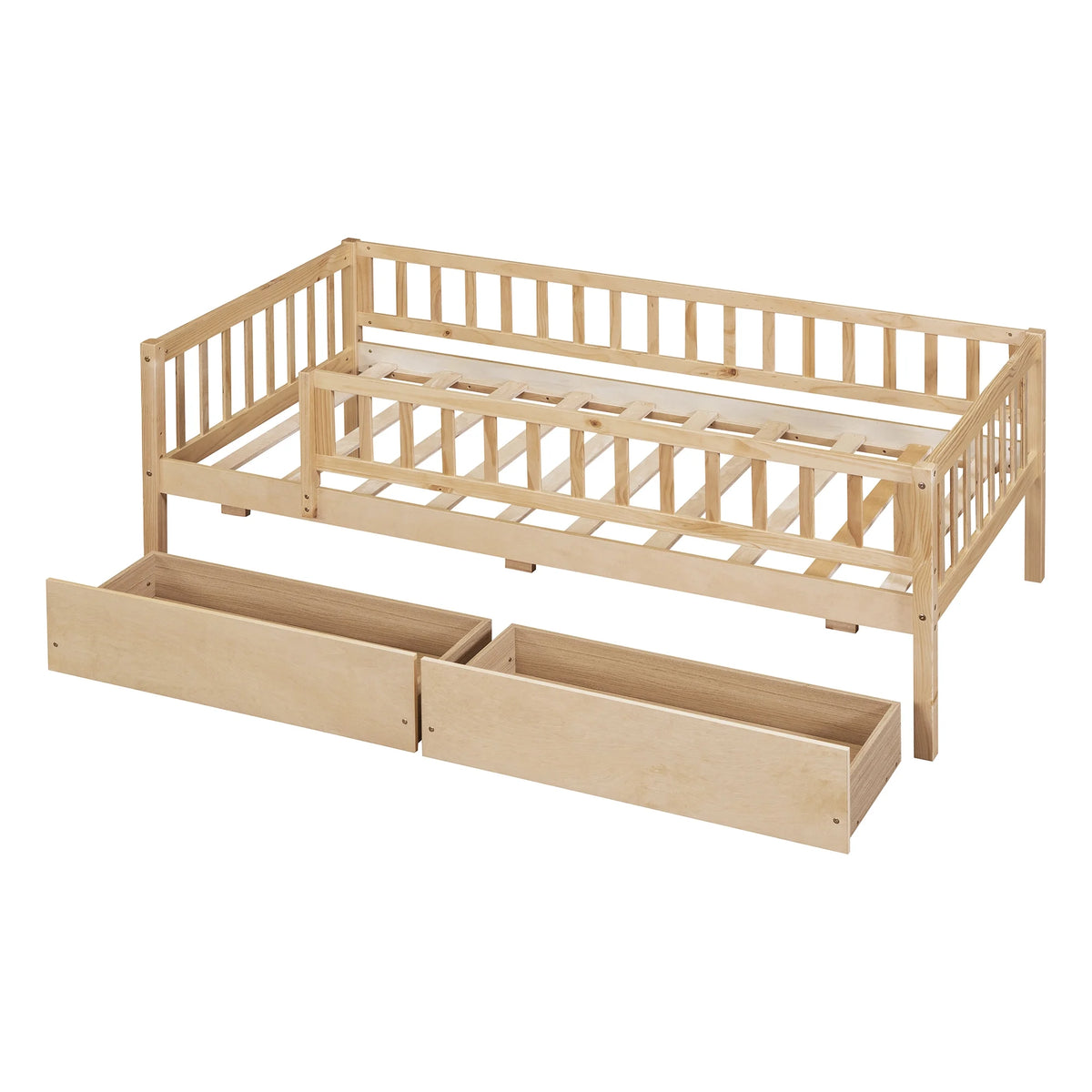 Holaki Twin Size Wood Bed with Guardrails and 2 Storage Drawers for Kids, Gray
