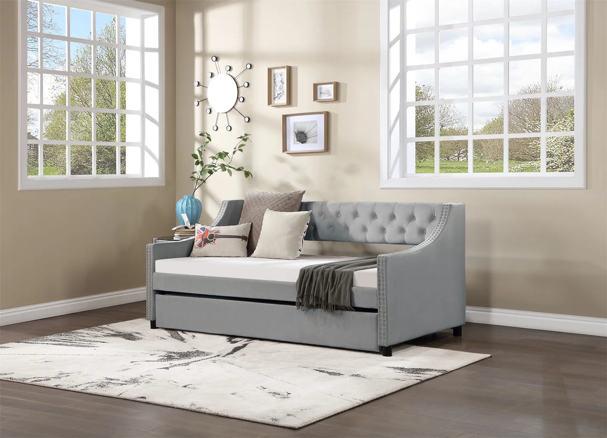 Daybed with Trundle, Twin Size Velvet Upholstered Daybed Frame with Tufted Button Back & Copper Nail on Arms, Wood Sofa Bed Frame for Living Room Bedroom, No Box Spring Needed, Grey