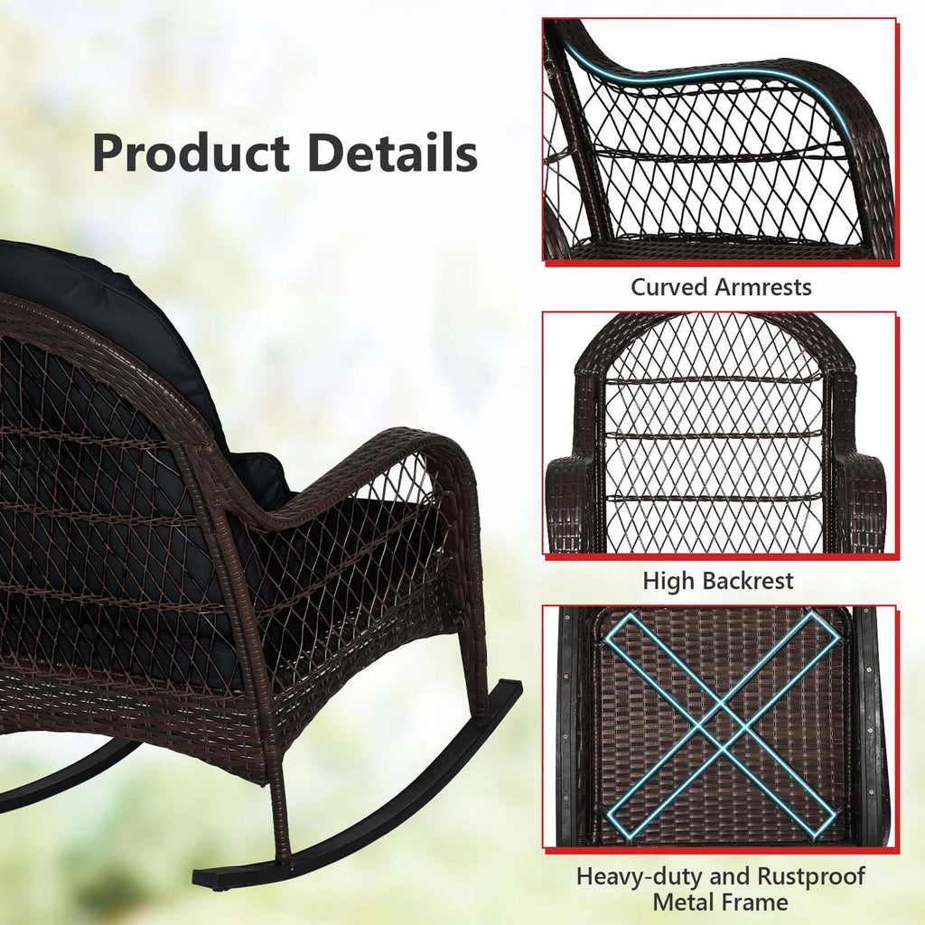 Costway Patio Wicker Rocking Chair W/Seat Back Cushions & Lumbar Pillow Porch Off White