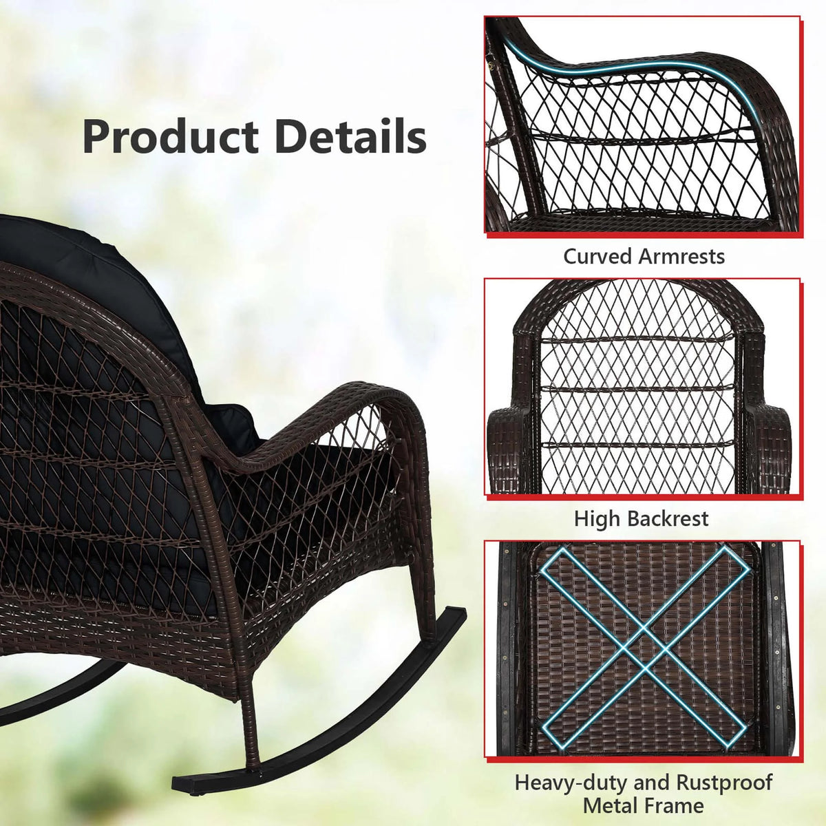 Costway Patio Wicker Rocking Chair W/Seat Back Cushions & Lumbar Pillow Porch Off White