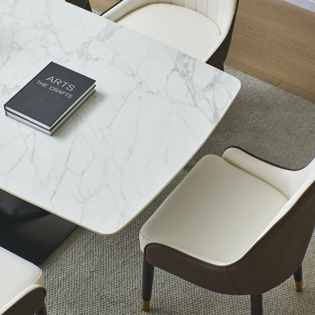 Leavader 63" White Stone Dining Table Set with Black Carbon Steel Base with 6 Dining Chairs