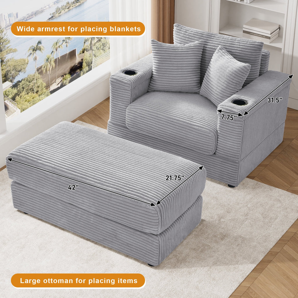 Wiilayok Oversized Lounge Chair Indoor,54" Corduroy Cloud Chaise Lounge Couch Indoor with Ottoman,Cup Holder for Living Room,Bedroom,Beige