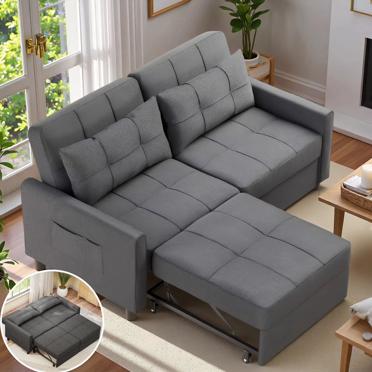 Sofa Bed, Lofka 3-in-1 Convertible Sleeper Sofa with Storage, Adjustable Backrest & Pull Out Function - Sleeper Chair for Small Space, Apartment, Dark Grey