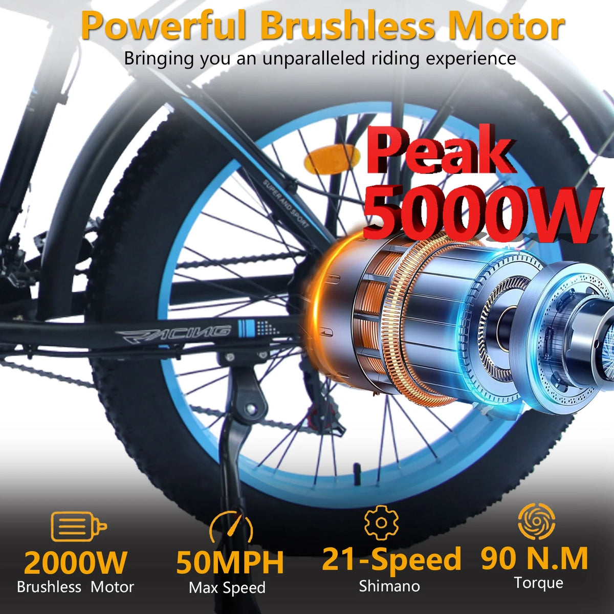 (US in Stock) 5000W Peak Dual Motor Electric Bike for Adults , 60V 25AH Removable Battery Ebike , 50MPH AWD 21-Speed Mountain Snow E-Bike with 26" x 4.0 Fat Tire, Long Range Mountain Off-Road EBikes